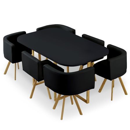Table bois noir et 6 chaises silimi cuir noir Manda