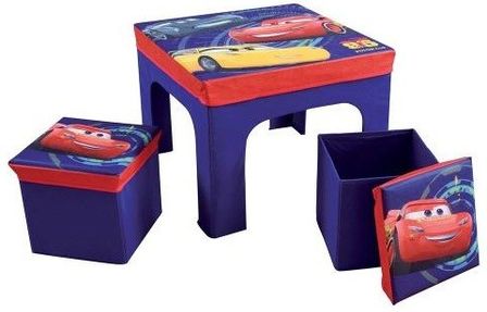 Table carrée et 2 tabourets de rangement Cars Disney