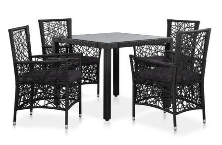 Table carrée et 4 chaises de jardin résine tressée noir coussins gris Kaila