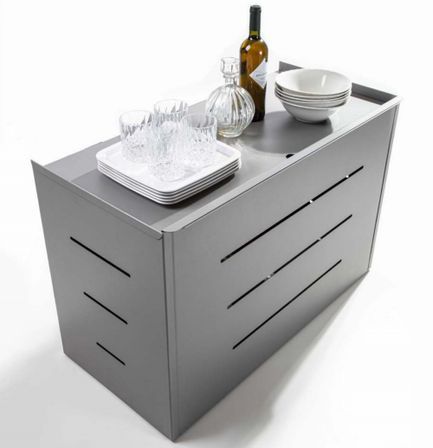 Table console extensible et 12 chaises métal anthracite et bois gris ciment Zinka