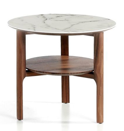 Table d'appoint bois noyer et plateau en marbre céramique blanc Mykal