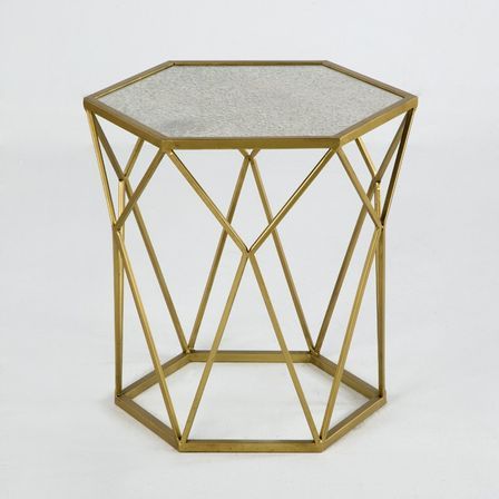 Table d'appoint hexagonale miroir vieilli et métal doré Hugos