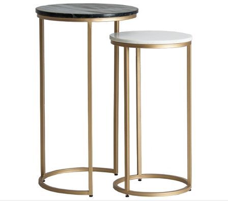 Table d'appoint ronde marbre noir et blanc et métal doré Anato - Lot de 2