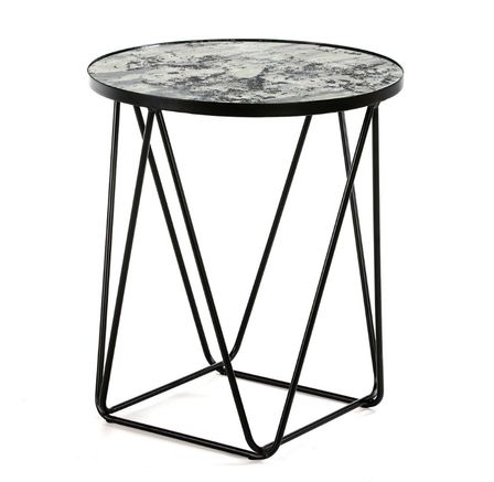 Table d'appoint ronde miroir vieilli et métal noir Roy
