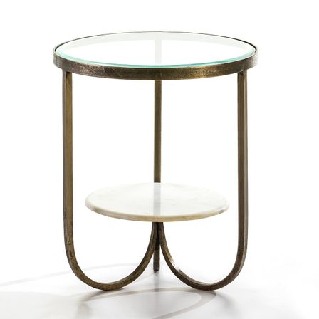 Table d'appoint ronde plateaux verre et marbre pieds métal doré Wanna