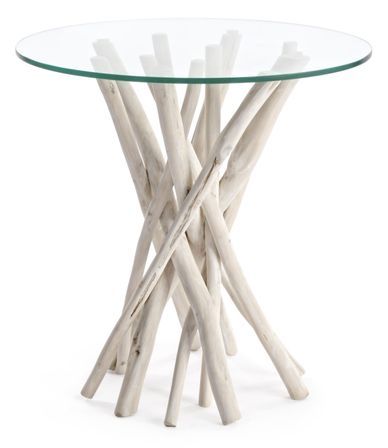 Table d'appoint ronde SAKY – bois massif de teck blanchi & verre trempé – Ø40 cm