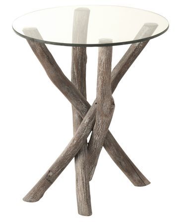 Table d'appoint ronde verre et bois massif gris Liray D 50 cm