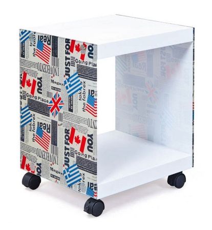 Table d'appoint sur roulettes bois blanc et verre imprimé Flash