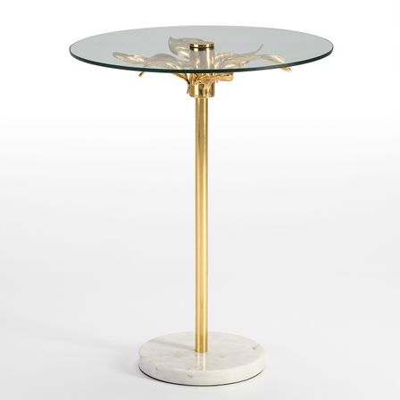 Table d'appoint verre pied métal doré et marbre blanc Siru
