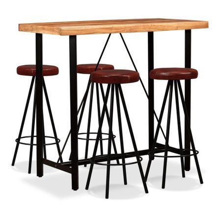 Table de bar bois de Sesham massif et 4 tabourets cuir marron Spani