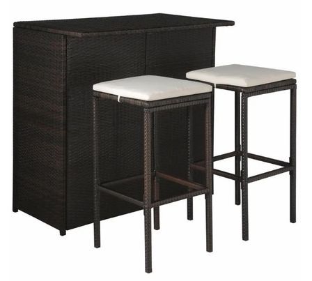 Table de bar rectangulaire et 2 tabourets de jardin résine tressée marron Klark