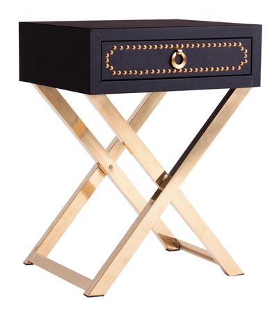 Table de chevet 1 tiroir simili cuir noir et métal doré Lazur