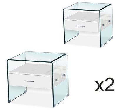 Table de chevet 1 tiroir verre et bois blanc Sella - Lot de 2
