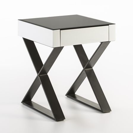 Table de chevet 1 tiroir verre noir et blanc pieds métal Qio