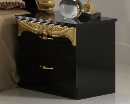Table de chevet 2 tiroirs bois brillant noir et doré Crissie