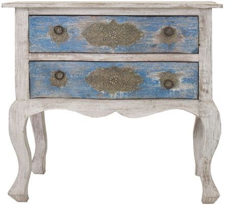 Table de chevet 2 tiroirs manguier massif blanc et bleu Daisy