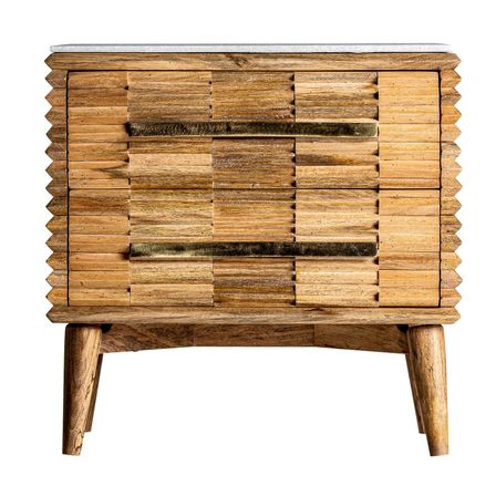 Table de chevet 2 tiroirs marbre blanc et manguier massif clair Lial