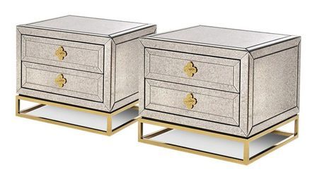 Chevet 2 tiroirs miroir vieilli et métal doré Louise - Lot de 2