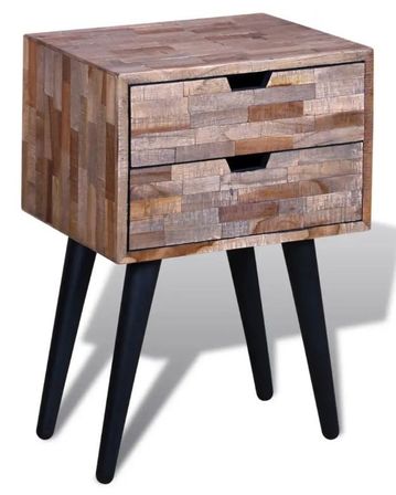 Table de chevet 2 tiroirs teck recyclé clair et pieds métal noir Nelly