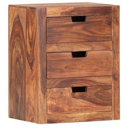 Table de chevet 3 tiroirs bois massif foncé Wanto