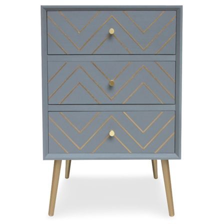 Table de chevet 3 tiroirs bois massif gris et métal doré Lurim