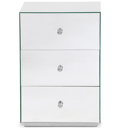 Table de chevet 3 tiroirs verre miroir et pied métal argenté Narso