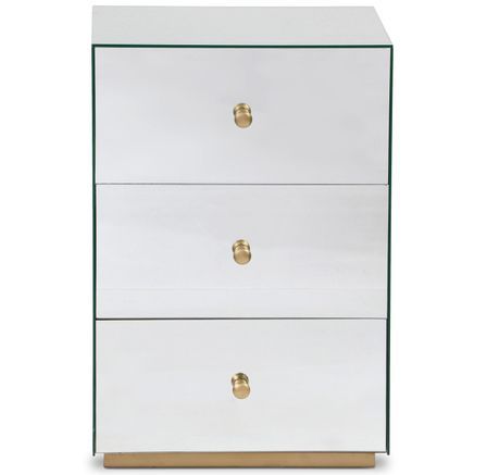 Table de chevet 3 tiroirs verre miroir et pied métal doré Narso