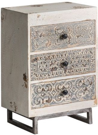 Table de chevet orientale 3 tiroirs manguier massif blanc cassé vieilli Anais