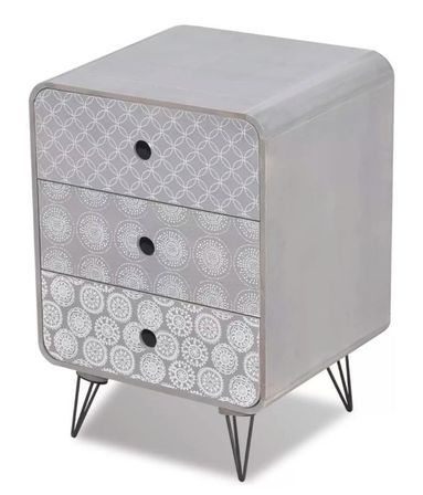 Table de chevet rectangulaire 3 tiroirs bois gris et pieds métal noir Chicca