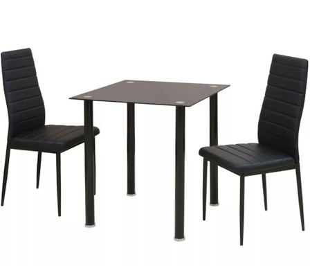 Table de cuisine carré noir verre trempé et 2 chaises simili noir Mulko