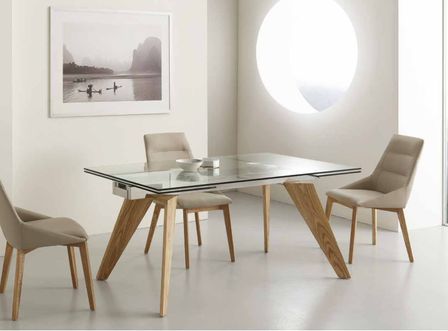 Table de repas extensible 160/240 cm plateau en verre et piétement bois massif de frêne naturel Karone