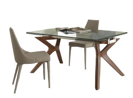 Table de repas extensible Ladyane 160/240 cm - Plateau en verre et piétement bois massif noyer
