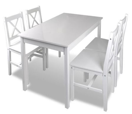 Table de séjour et 4 chaises pin massif laqué blanc Dina
