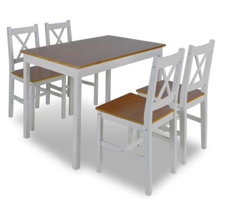 Table de séjour et 4 chaises pin massif laqué blanc et marron Dina