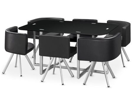 Table et 6 chaises verre noir et pieds métal chromé Mozza