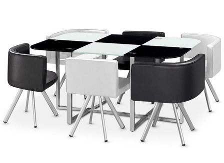 Table et 6 chaises verre noir et pieds métal chromé Mozza 2