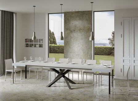 Table extensible 8 à 16 personnes blanc laqué et pieds entrelacés anthracite L 180 à 440 cm Artemis