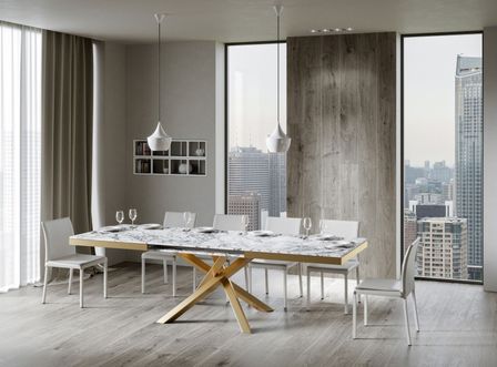 Table extensible 8 à 20 personnes effet marbre et pieds entrelacés doré L 180 à 440 cm Artemis