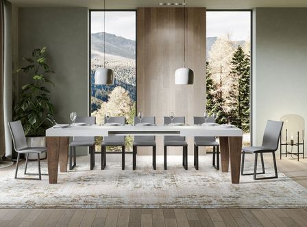 Table extensible blanche et pieds bois noyer 6 à 12 personnes Kristo L 180 à 284 cm