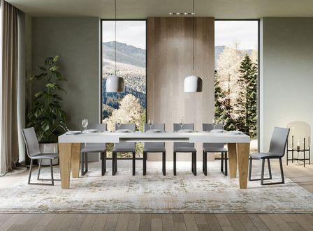 Table extensible blanche et pieds chêne naturel 6 à 12 personnes Kristo L 180 à 284 cm