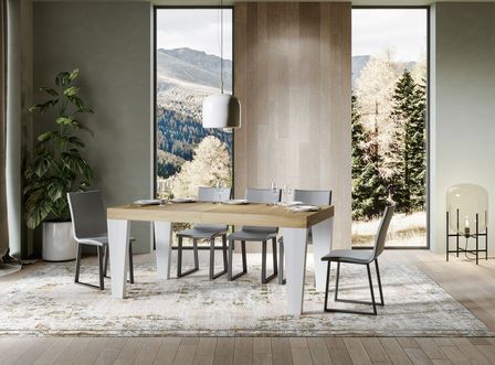 Table extensible chêne naturel et pieds bois blanc 6 à 12 personnes Kristo L 180 à 284 cm