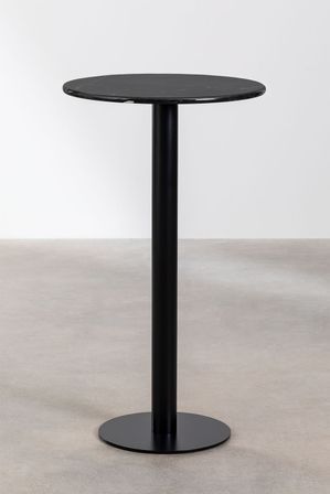 Table haute de bar ronde marbre noir et pieds rond acier noir Kooky 60 cm