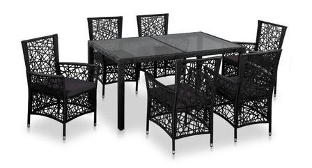 Table rectangulaire et 6 chaises de jardin résine tressée noir coussins gris Kaila