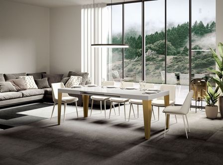 Table rectangulaire extensible 6 à 14 personnes L 180 à 284 cm blanc brillant et pieds métal doré Faye