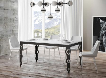 Table rectangulaire extensible orientale 6 à 10 personnes L 120 à 224 cm blanc laqué et cadre métal anthracite Zakary