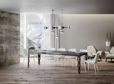 Table rectangulaire extensible orientale 6 à 20 personnes L 180 à 440 cm gris béton et cadre métal anthracite Zakary