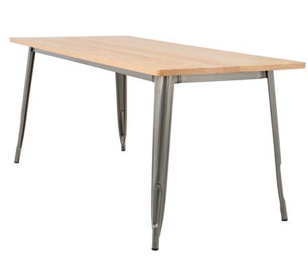 Table rectangulaire industrielle acier brossée et plateau pin massif clair Kontoir 160 cm