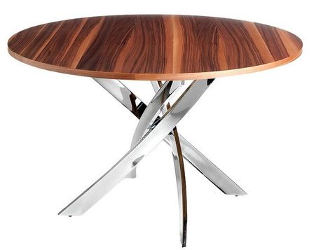 Table ronde design acier chromé et bois noyer Reina 110 cm