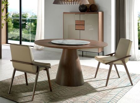Table ronde Kloser 135 cm - Noyer et plateau tournant en porcelaine blanche effet Marbre