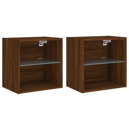 Tables de chevet murales avec lumières LED 2 pcs chêne marron